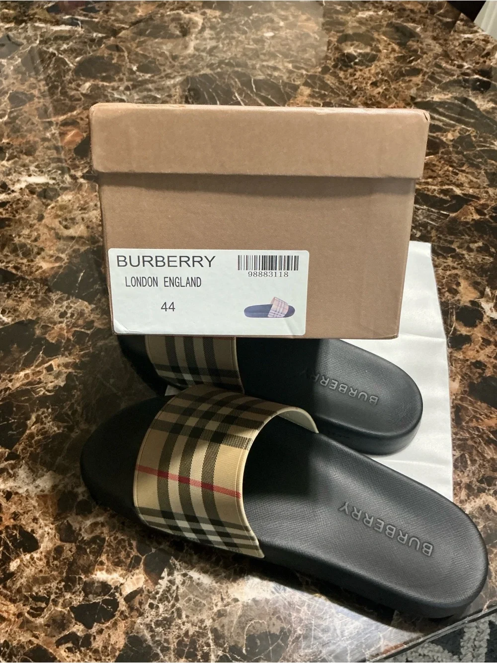 Burberry Tan Check Slide Sandals with Black Footbed